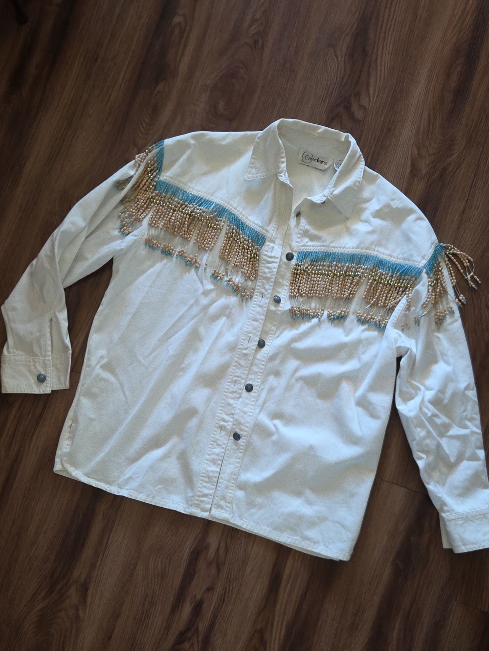 Vintage Wester Beaded Fringe White Button-Down Shirt Jacket Size Medium